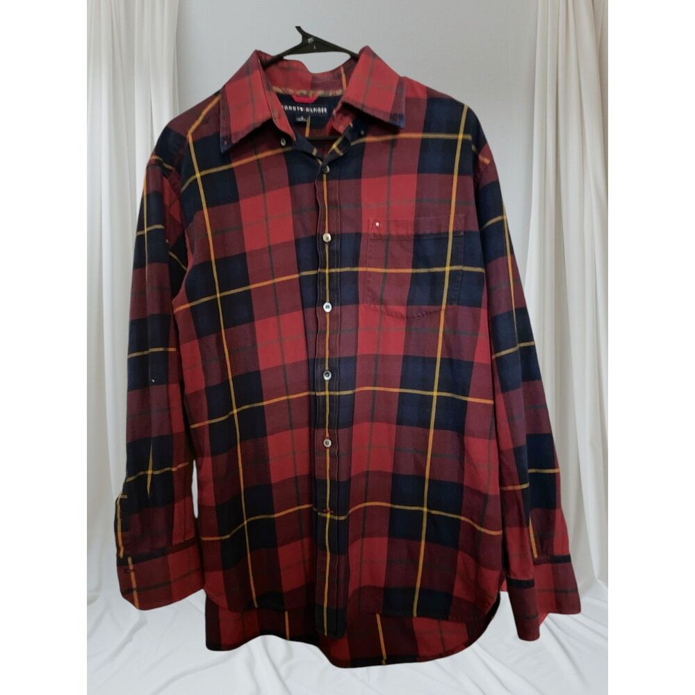 Tommy Hilfiger Plaid Long Sleeve Button Up Casual Shirt Red Men's Medium